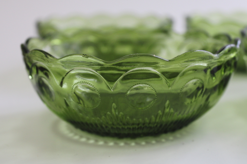 photo of vintage avocado green glass dessert dishes, St Genevieve thumbprint pattern bowls  #2