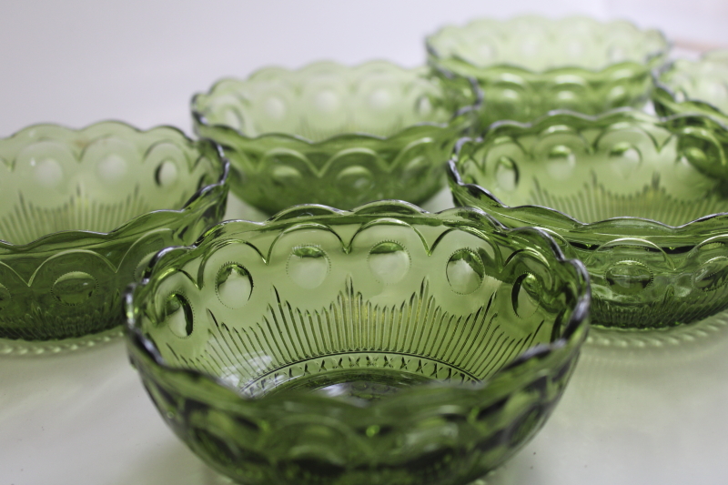 photo of vintage avocado green glass dessert dishes, St Genevieve thumbprint pattern bowls  #3