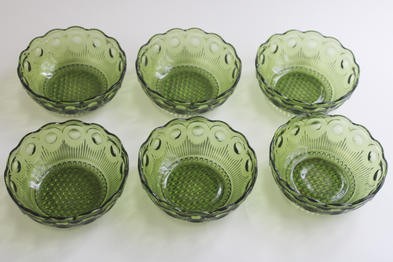 photo of vintage avocado green glass dessert dishes, St Genevieve thumbprint pattern bowls  #4