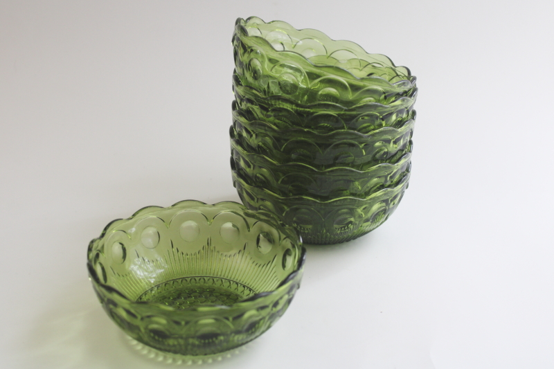 photo of vintage avocado green glass dessert dishes, St Genevieve thumbprint pattern bowls  #6