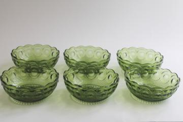 catalog photo of vintage avocado green glass dessert dishes, St Genevieve thumbprint pattern bowls 