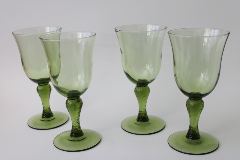 photo of vintage avocado green glass goblets, Libbey Martello pattern wine or water glasses #1