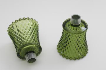 catalog photo of vintage avocado green glass peg style votive candle holders diamond pattern