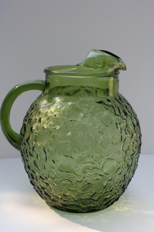 photo of vintage avocado green glassware, Anchor Hocking Milano crinkle textured glass pitcher #1