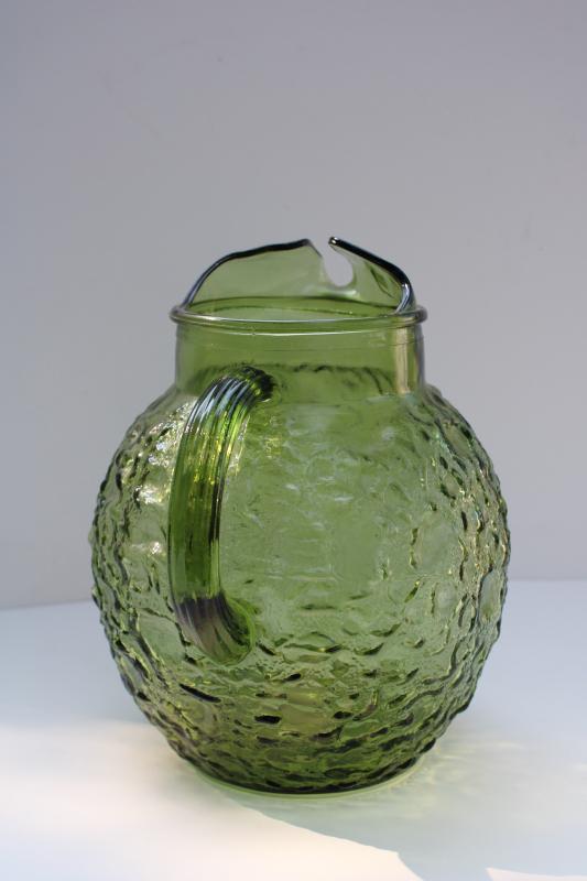 photo of vintage avocado green glassware, Anchor Hocking Milano crinkle textured glass pitcher #2