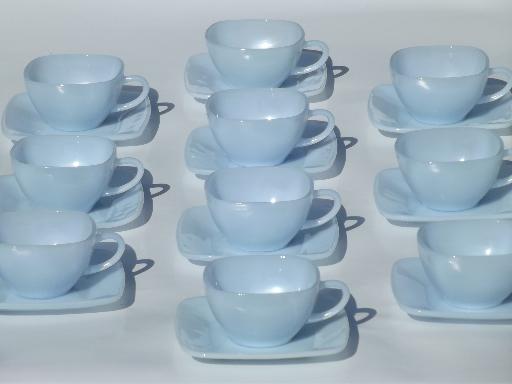 photo of vintage azurite blue glass Fire King charm pattern square cups & saucers #1