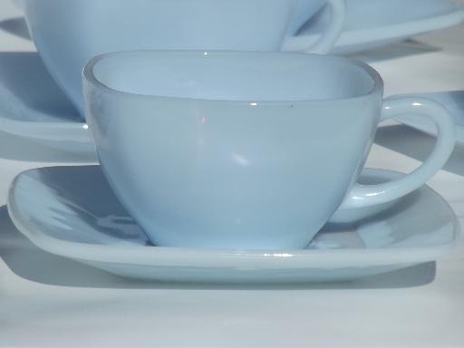 photo of vintage azurite blue glass Fire King charm pattern square cups & saucers #2