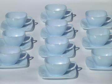 catalog photo of vintage azurite blue glass Fire King charm pattern square cups & saucers