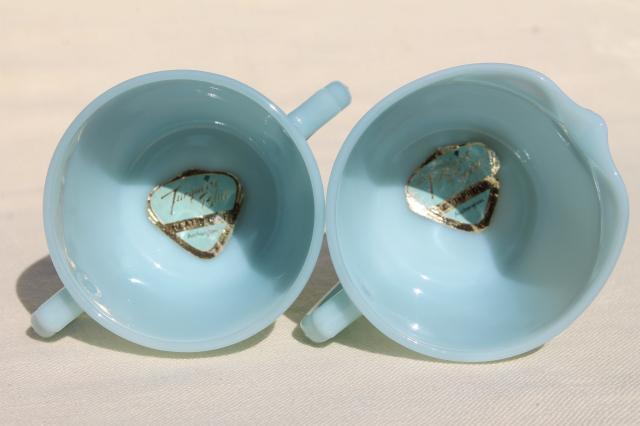 photo of vintage azurite milk glass cream & sugar set w/ Turquoise Blue Anchorglass labels #5