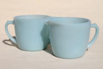 catalog photo of vintage azurite milk glass cream & sugar set w/ Turquoise Blue Anchorglass labels