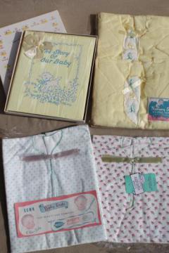 catalog photo of vintage babies layette gift set, unused cotton kimono infant gowns & baby record book