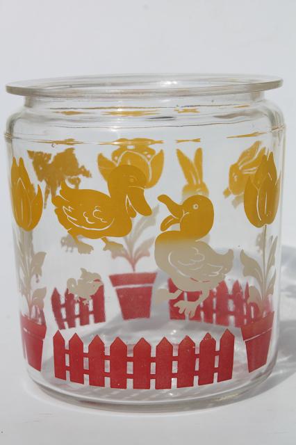 photo of vintage baby animals print glass canister jar, farm barnyard lambs & ducks in red & yellow #1