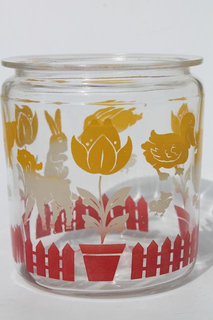 photo of vintage baby animals print glass canister jar, farm barnyard lambs & ducks in red & yellow #2