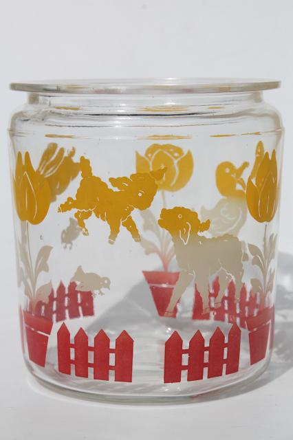 photo of vintage baby animals print glass canister jar, farm barnyard lambs & ducks in red & yellow #3