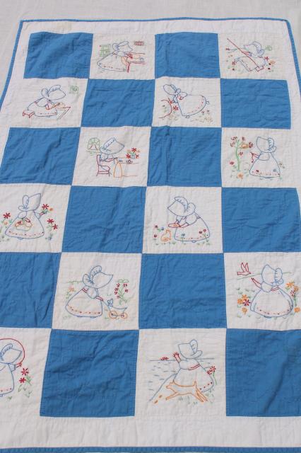 photo of vintage baby crib quilts w/ hand stitched embroidered blocks, sunbonnet girl & children #7