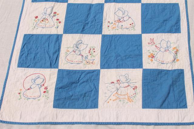 photo of vintage baby crib quilts w/ hand stitched embroidered blocks, sunbonnet girl & children #8