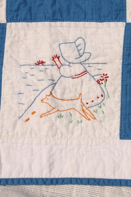 photo of vintage baby crib quilts w/ hand stitched embroidered blocks, sunbonnet girl & children #10