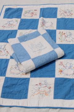 catalog photo of vintage baby crib quilts w/ hand stitched embroidered blocks, sunbonnet girl & children