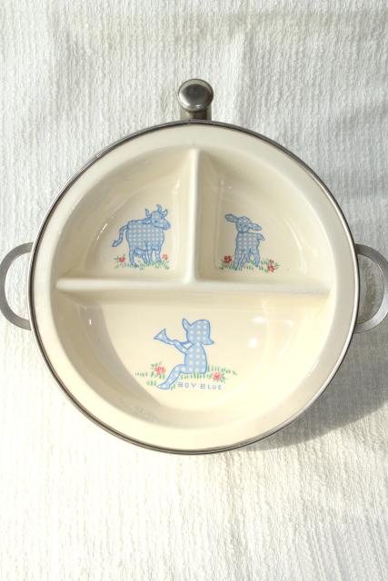 photo of vintage baby dish, divided bowl warmer w/ Little Boy Blue nursery rhyme pictures #1