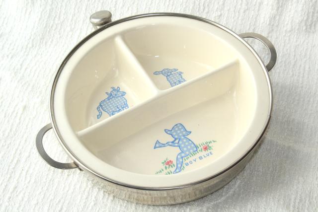 photo of vintage baby dish, divided bowl warmer w/ Little Boy Blue nursery rhyme pictures #5