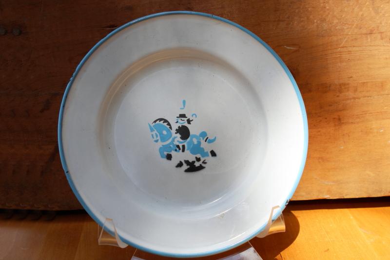 photo of vintage baby dish from Sweden, blue & white enamelware tin child's plate #1