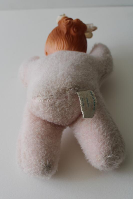 photo of vintage baby doll, pink fuzzy bunny plush body w/ vinyl head, ponytail girl #3