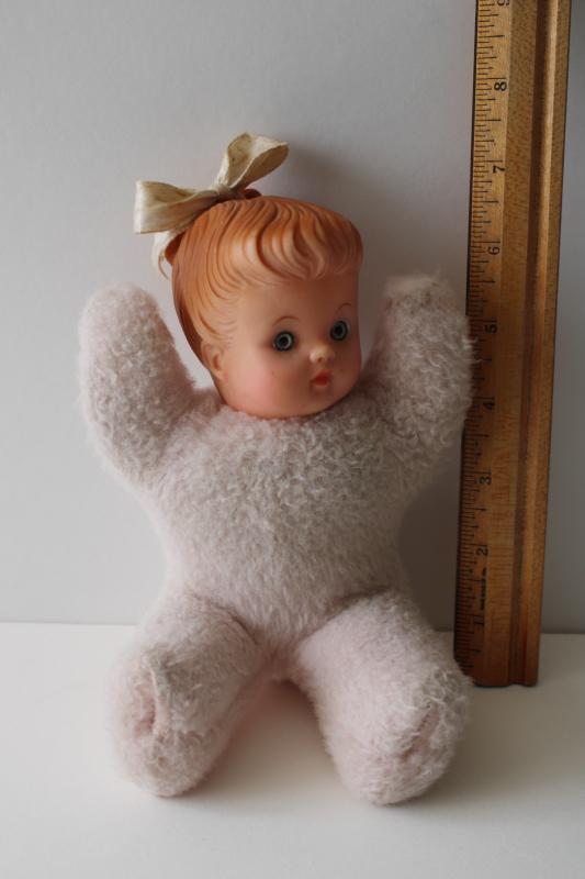 photo of vintage baby doll, pink fuzzy bunny plush body w/ vinyl head, ponytail girl #5