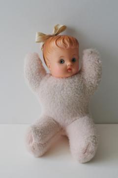 catalog photo of vintage baby doll, pink fuzzy bunny plush body w/ vinyl head, ponytail girl