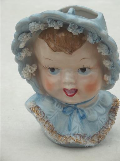 photo of vintage baby face head vase w/ china lace, hand-painted baby blue boy  #1