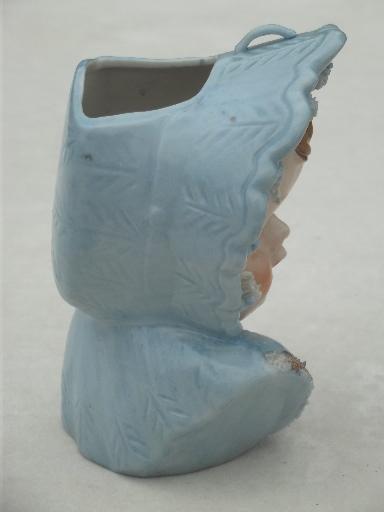 photo of vintage baby face head vase w/ china lace, hand-painted baby blue boy  #2