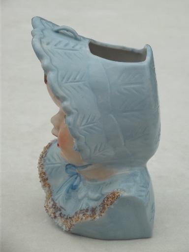 photo of vintage baby face head vase w/ china lace, hand-painted baby blue boy  #4