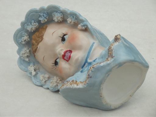 photo of vintage baby face head vase w/ china lace, hand-painted baby blue boy  #6