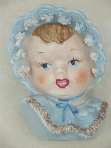 photo of vintage baby face head vase w/ china lace, hand-painted baby blue boy  #7