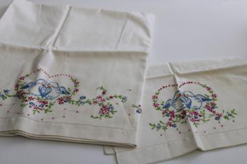 catalog photo of vintage baby pillow case & crib sheet, hand embroidered cotton hearts & happy bluebirds