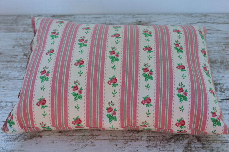 photo of vintage baby pillow, cotton filled flowered ticking fabric tiny bench seat cushion  #2