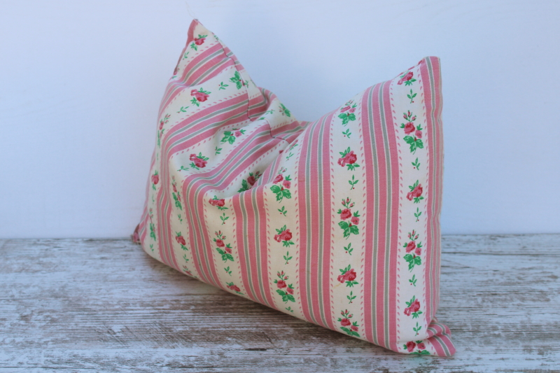 photo of vintage baby pillow, cotton filled flowered ticking fabric tiny bench seat cushion  #5