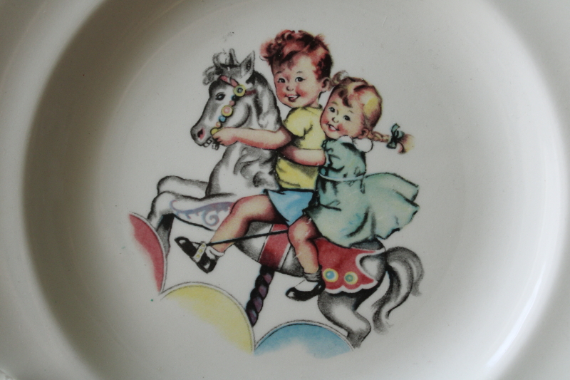 photo of vintage baby plate with very 50s graphics boy & girl early reader style illustration  #2