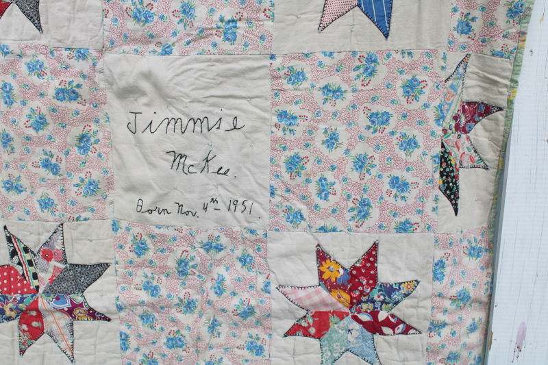 photo of vintage baby quilt signed dated 1951, primitive patchwork stars cotton feedsack prints #2