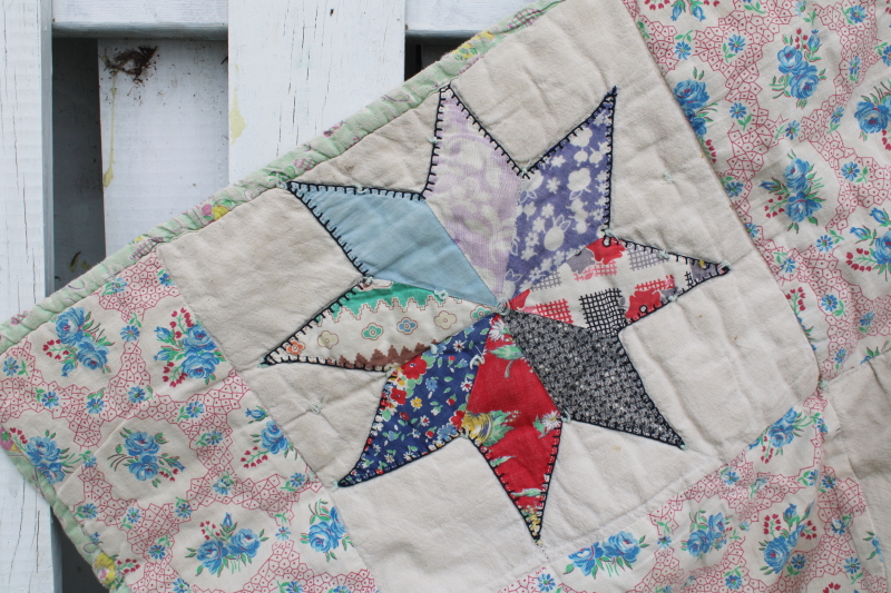 photo of vintage baby quilt signed dated 1951, primitive patchwork stars cotton feedsack prints #4