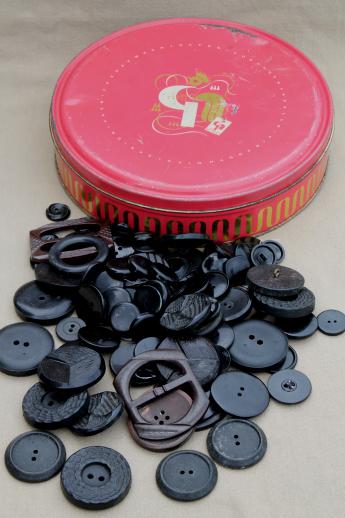 photo of vintage bakelite buttons & buckles, lot of huge black bakelite coat buttons etc. #1