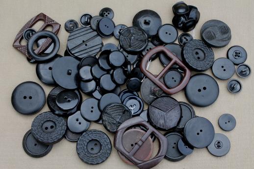 photo of vintage bakelite buttons & buckles, lot of huge black bakelite coat buttons etc. #2