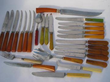 catalog photo of vintage bakelite flatware lot, red / green / yellow catalin handles