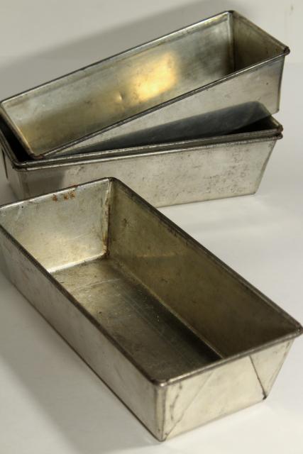 photo of vintage bakery bread pan lot, heavy tinned steel loaf pans w/ rolled edges #7