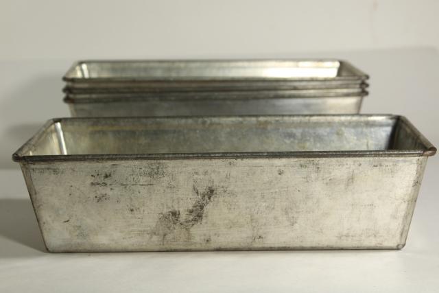 photo of vintage bakery bread pan lot, heavy tinned steel loaf pans w/ rolled edges #9