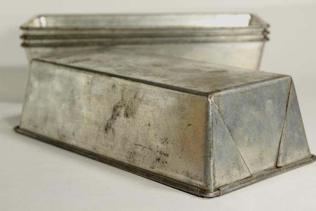 photo of vintage bakery bread pan lot, heavy tinned steel loaf pans w/ rolled edges #10