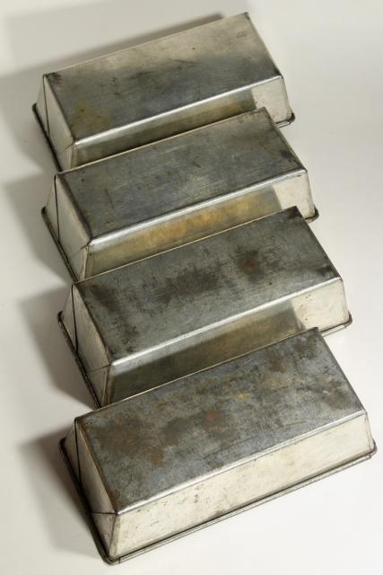 photo of vintage bakery bread pan lot, heavy tinned steel loaf pans w/ rolled edges #13