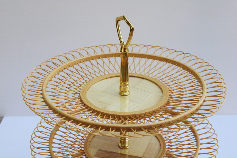 photo of vintage bamboo basketweave woven tiered tray, retro boho vintage music box rotating dessert or hors d'oeuvres server #2