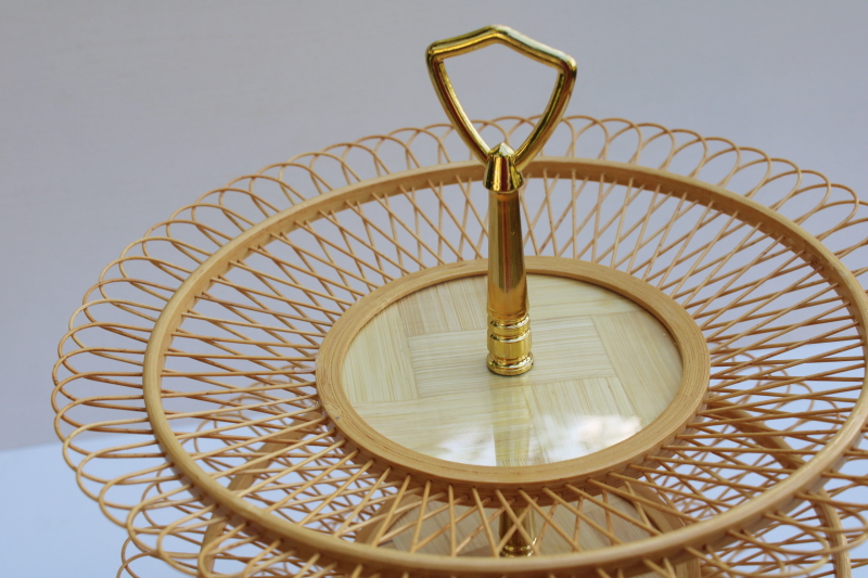 photo of vintage bamboo basketweave woven tiered tray, retro boho vintage music box rotating dessert or hors d'oeuvres server #3