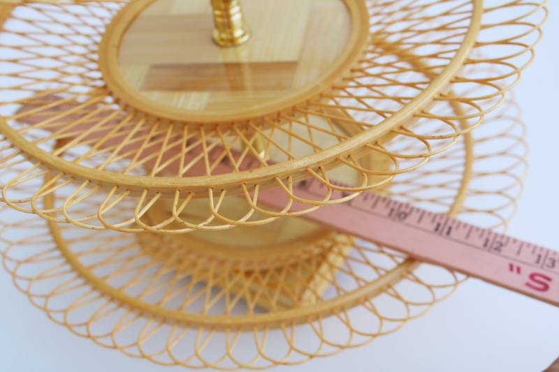 photo of vintage bamboo basketweave woven tiered tray, retro boho vintage music box rotating dessert or hors d'oeuvres server #5