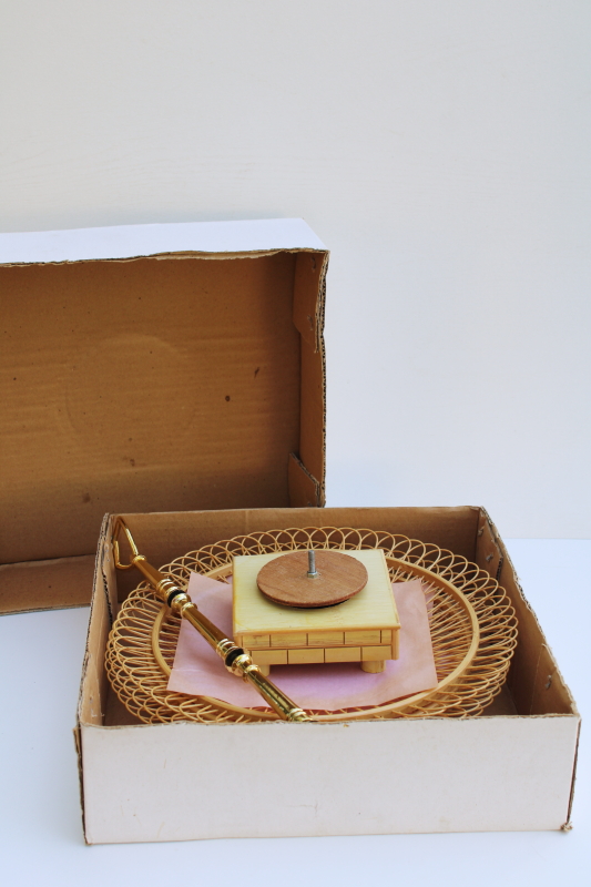 photo of vintage bamboo basketweave woven tiered tray, retro boho vintage music box rotating dessert or hors d'oeuvres server #6